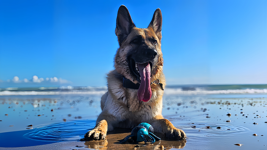 German Shepherd dog on a beach with a toy, blue sky and ocean in the background